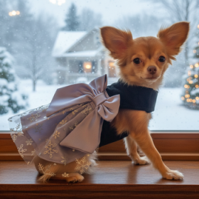 Holiday Dog Harness Dress - Black Velvet with Gray Snowflake Skirt (Option: Medium)